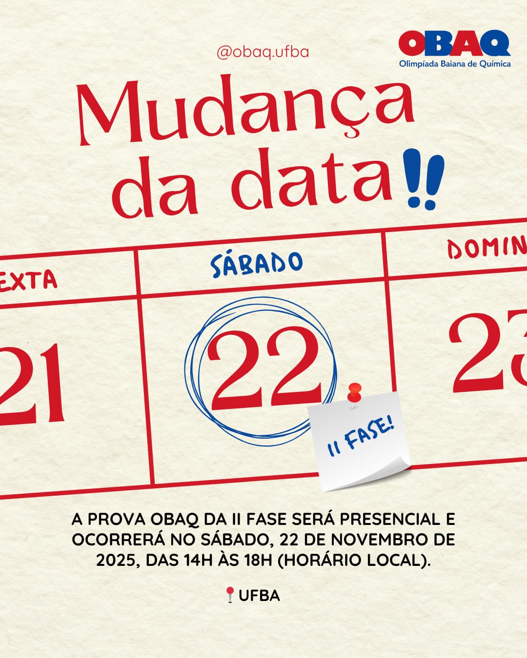 Alteração de calendário: 2ª fase da OBAQ passa para 22/11
