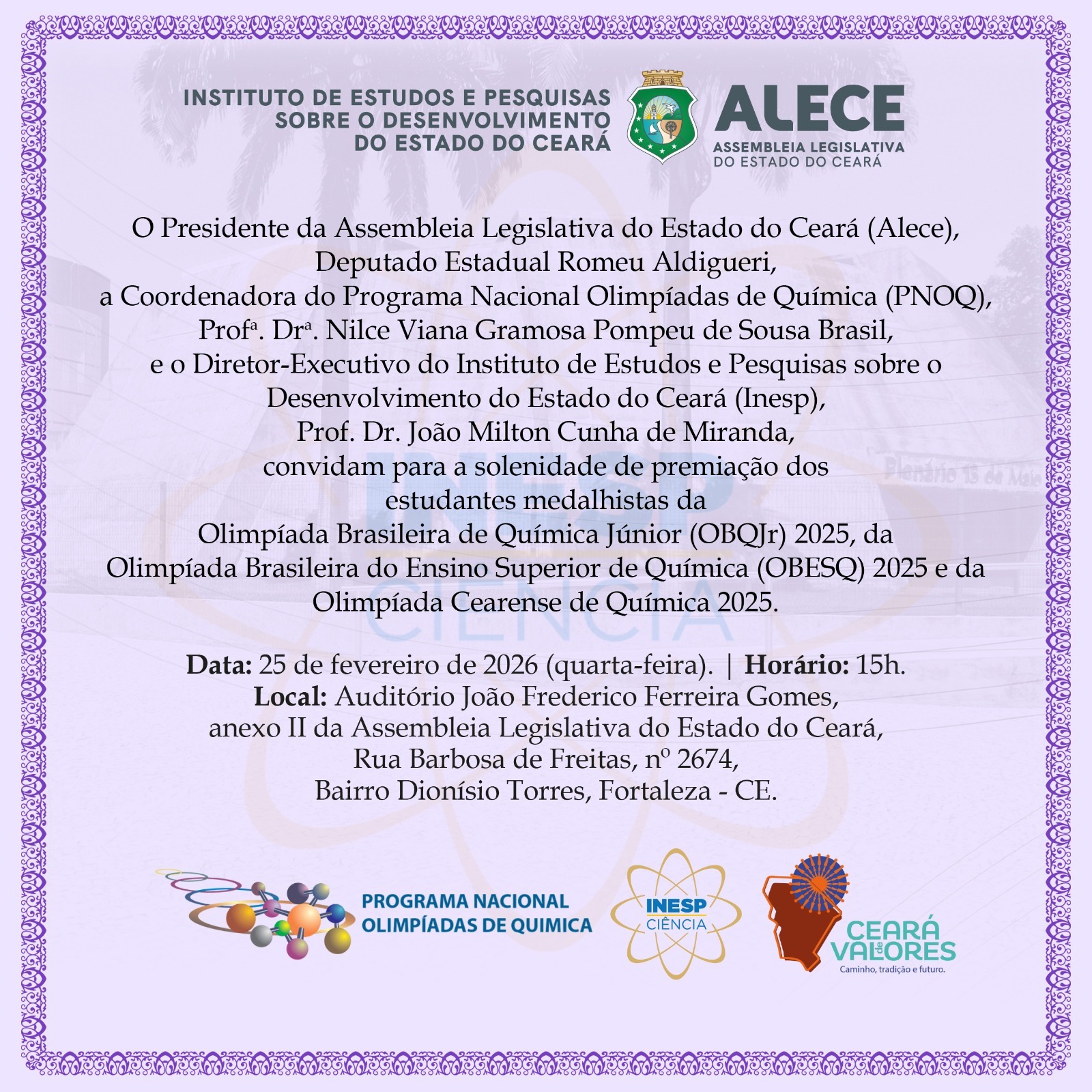 Premiação dos estudantes medalhistas da OBQJr, OBESQ e Olimpíada Cearense de Química