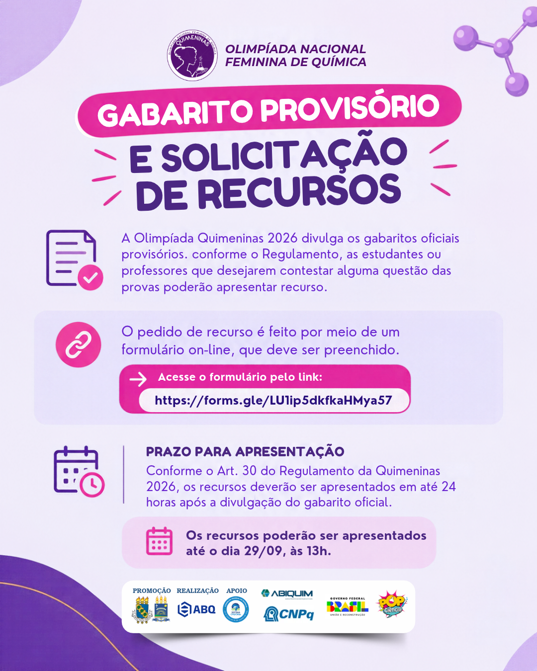 Gabarito provisório e solicitação de recursos Quimeninas 2026
